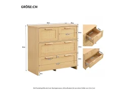 Cómoda natural clara com 4 gavetas em vime e puxadores em madeira, 80x38x80cm