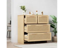 Cómoda natural clara com 4 gavetas em vime e puxadores em madeira, 80x38x80cm