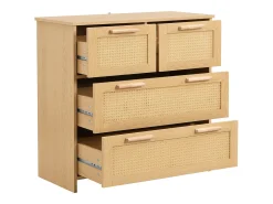 Cómoda natural clara com 4 gavetas em vime e puxadores em madeira, 80x38x80cm
