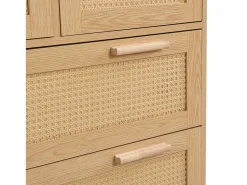 Cómoda natural clara com 4 gavetas em vime e puxadores em madeira, 80x38x80cm