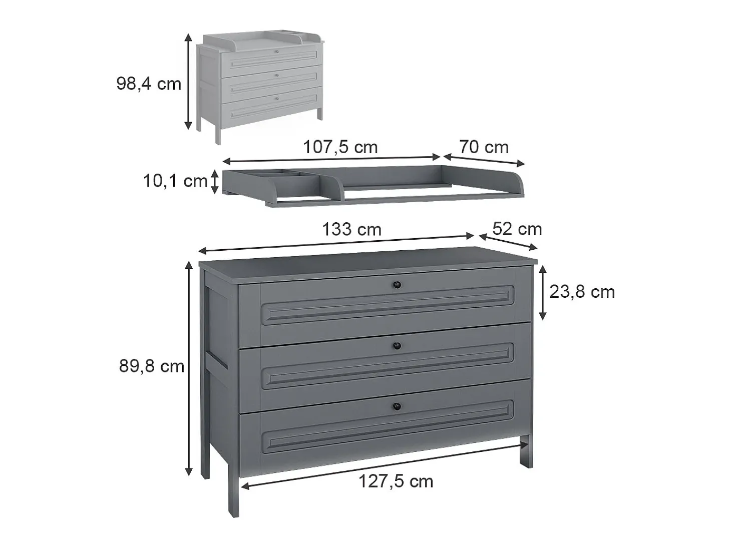 Cómoda para mudar de roupa cinza 133x70x98.4 ajaton