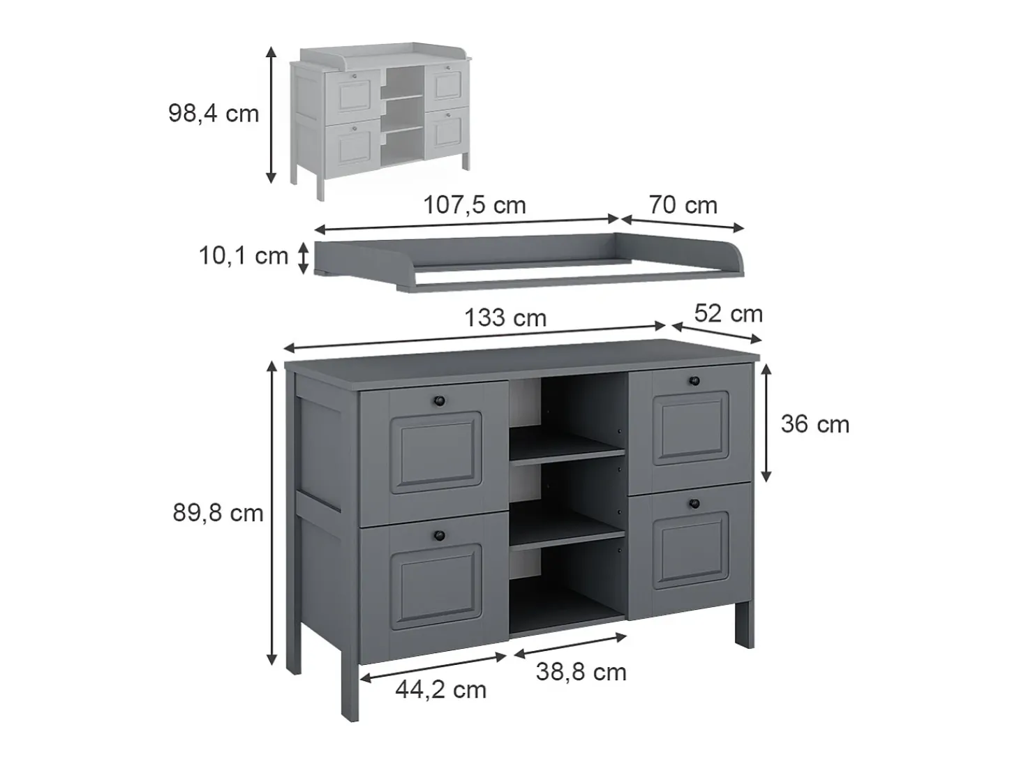 Cómoda para mudar de roupa cinza 133x70x98.4 ajaton