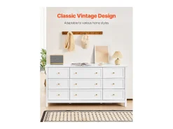 Cómoda SucceBuy com 9 Gavetas, Armário em Madeira com Sistema Deslizante e Antitombamento, Estilo Retro Minimalista, Armário para Sala de Estar, Branco