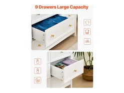 Cómoda SucceBuy com 9 Gavetas, Armário em Madeira com Sistema Deslizante e Antitombamento, Estilo Retro Minimalista, Armário para Sala de Estar, Branco