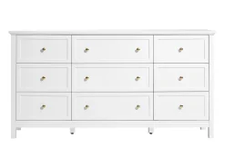 Cómoda SucceBuy com 9 Gavetas, Armário em Madeira com Sistema Deslizante e Antitombamento, Estilo Retro Minimalista, Armário para Sala de Estar, Branco