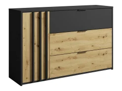 Cômoda TUNALO com 3 gavetas e 1 porta, nas cores preta e natural.