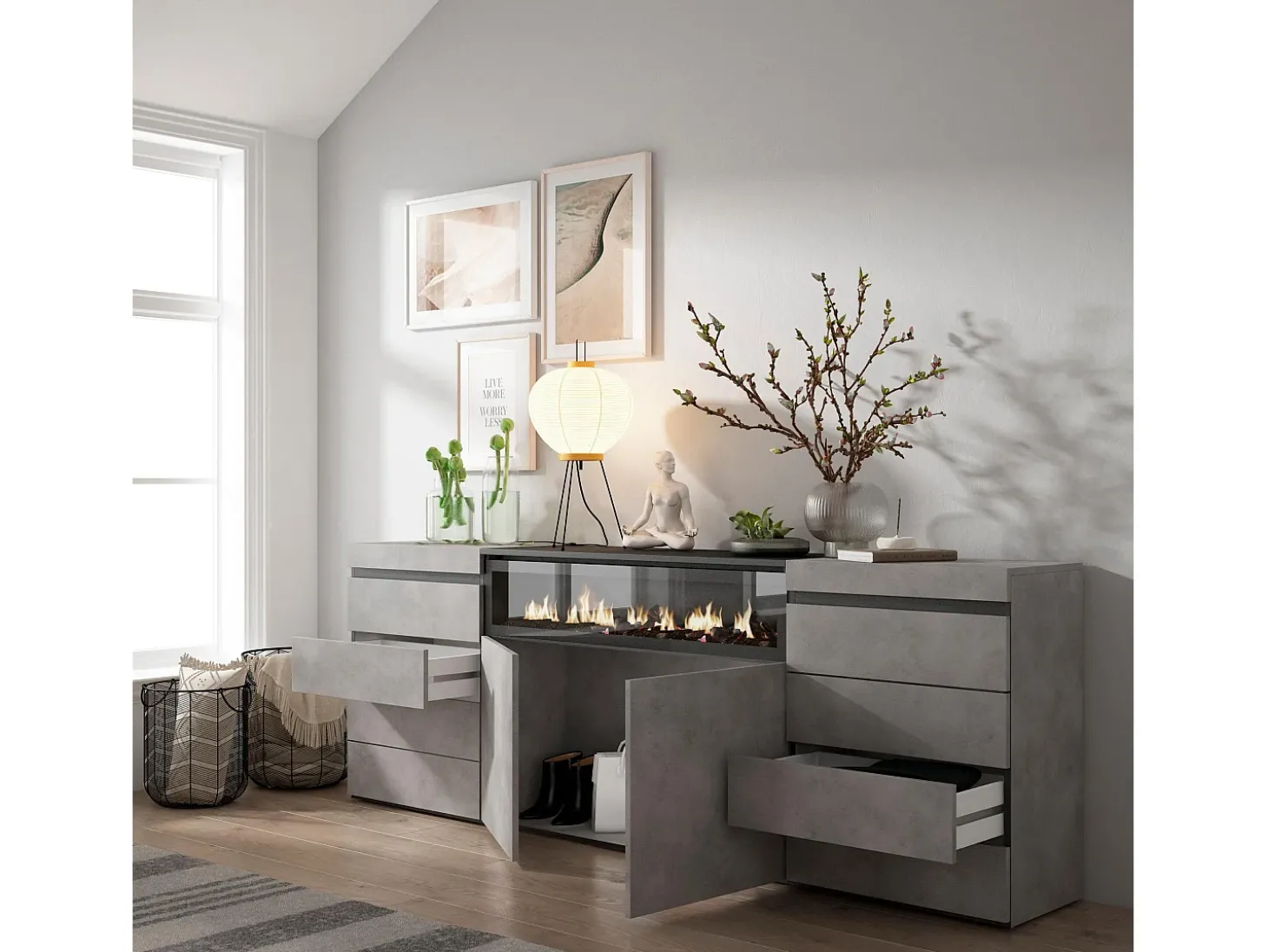 Cómoda, 214x35x75cm, Para quarto, dormitório, Lareira eléctrica, Cimento