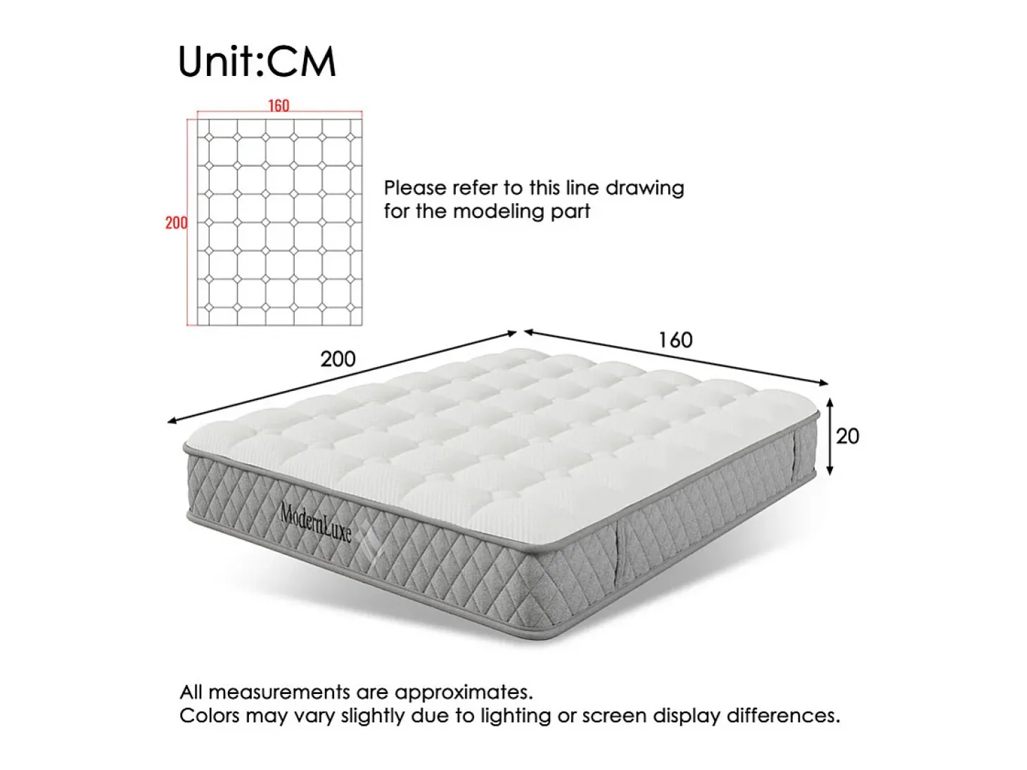 Colchão ortopédico resistente ao fogo de 160x200 cm com 4 pegas, OEKO-TEX®, 20 cm de espessura, respirável, 7 zonas de molas ensacadas