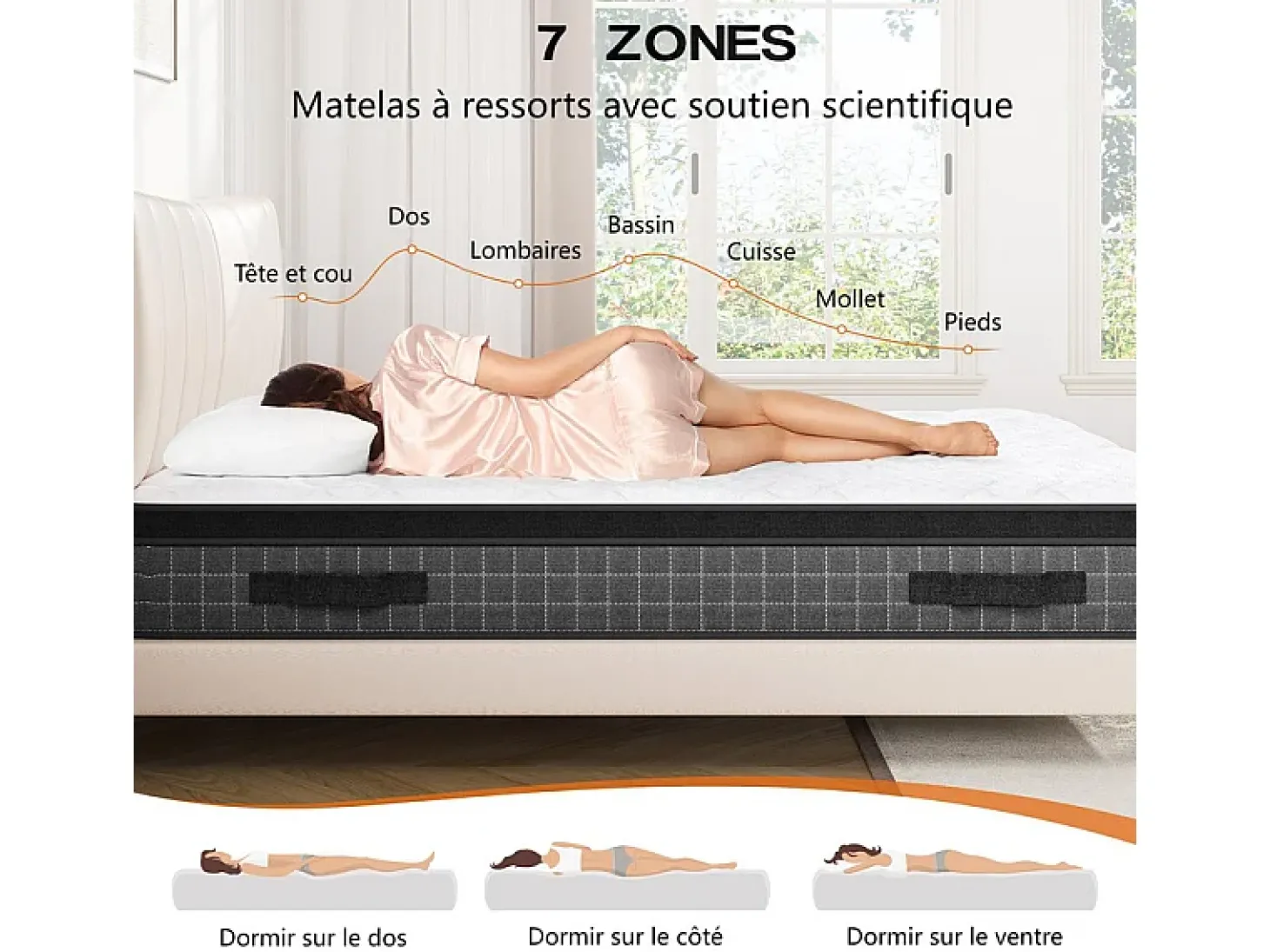Colchão 90x200cm anti-fogo molas ensacadas - esp.25cm - suporte ergonómico 7 zonas - respirável - silencioso