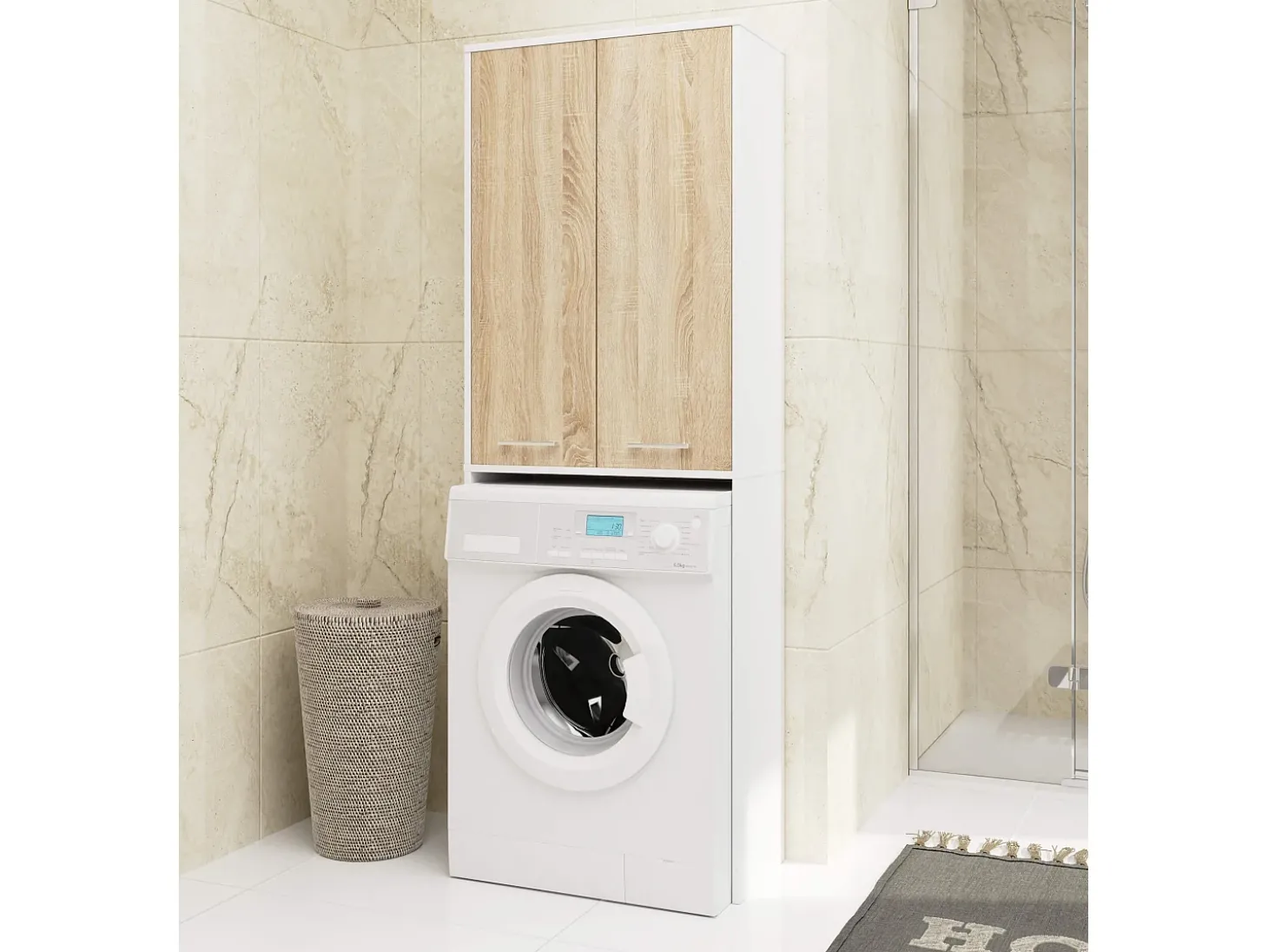 Coluna Alta para Lavanderia 180cm com Portas - Acabamento Branco/Carvalho de Sonoma