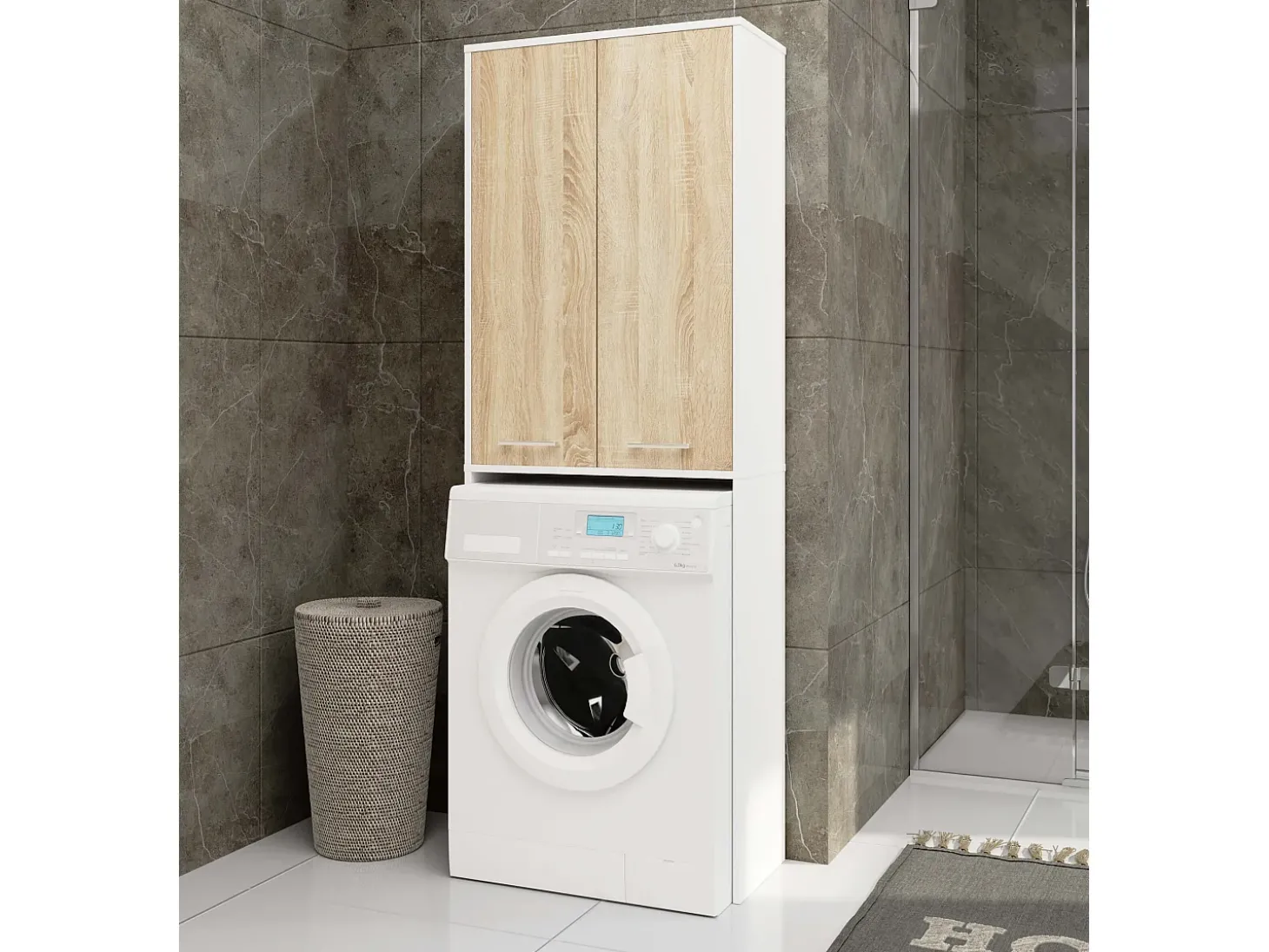 Coluna Alta para Lavanderia 180cm com Portas - Acabamento Branco/Carvalho de Sonoma