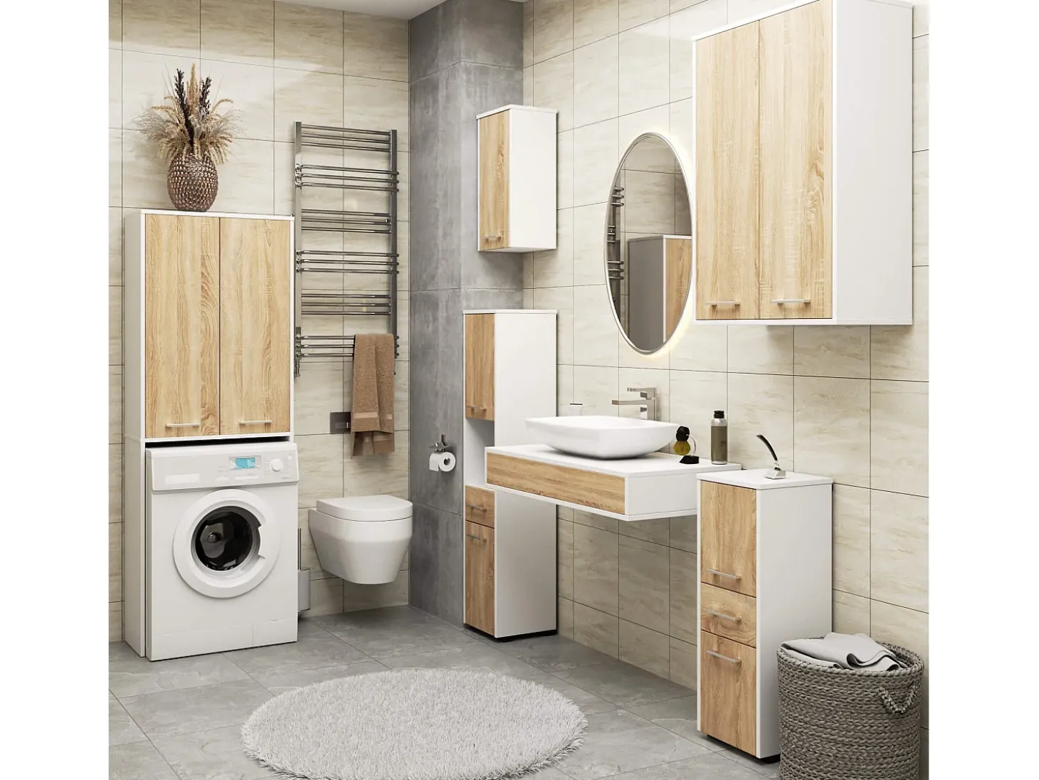 Coluna Alta para Lavanderia 180cm com Portas - Acabamento Branco/Carvalho de Sonoma