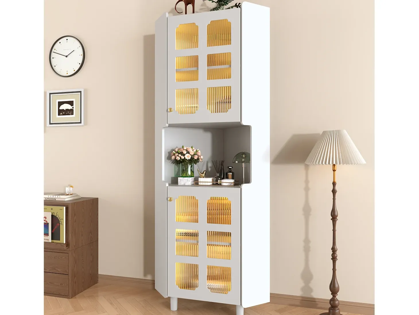 Coluna de canto para banheiro - con iluminação LED - con 2 portas - con 4 prateleiras - con prateleiras abertas - branco