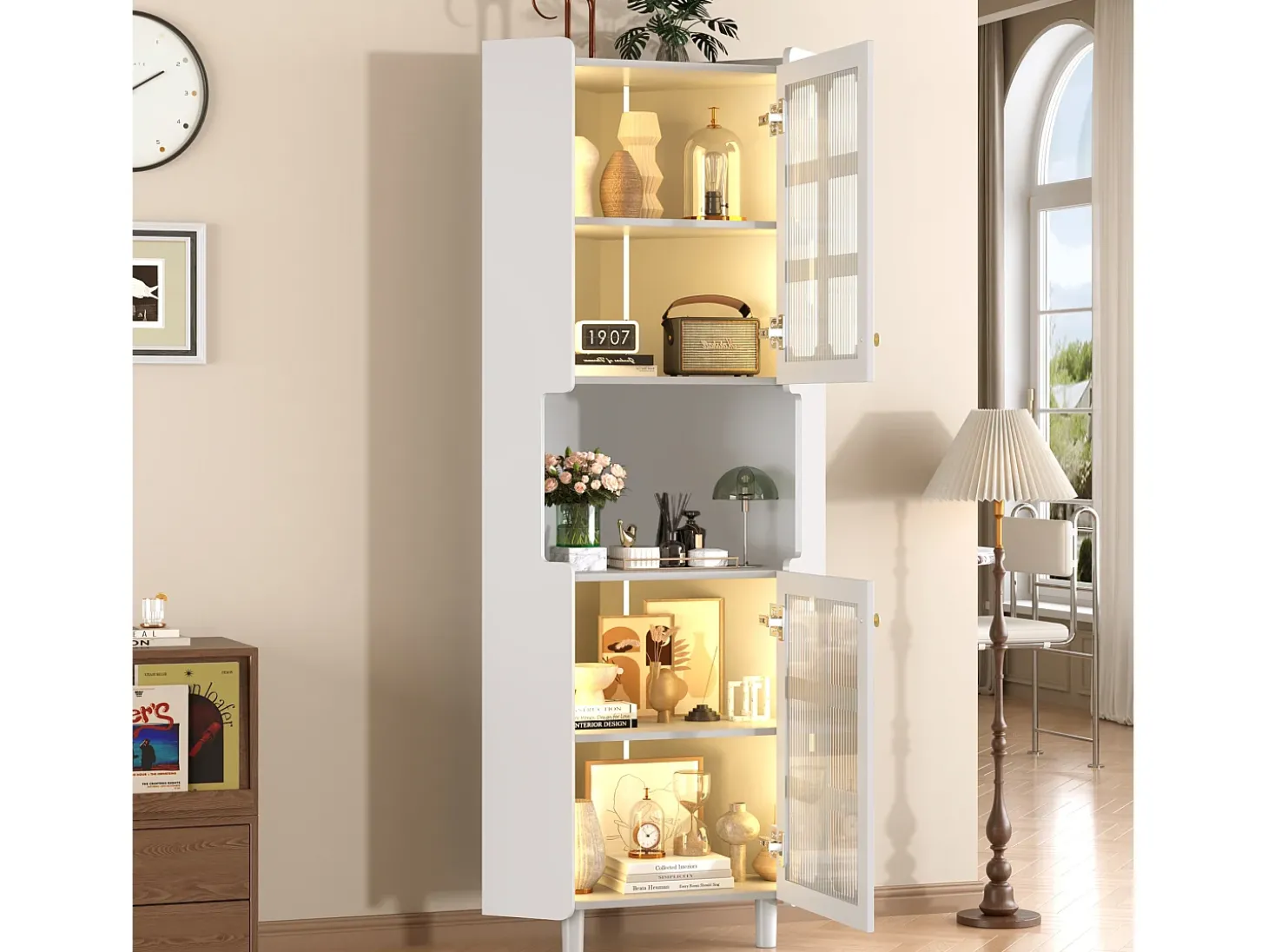 Coluna de canto para banheiro - con iluminação LED - con 2 portas - con 4 prateleiras - con prateleiras abertas - branco