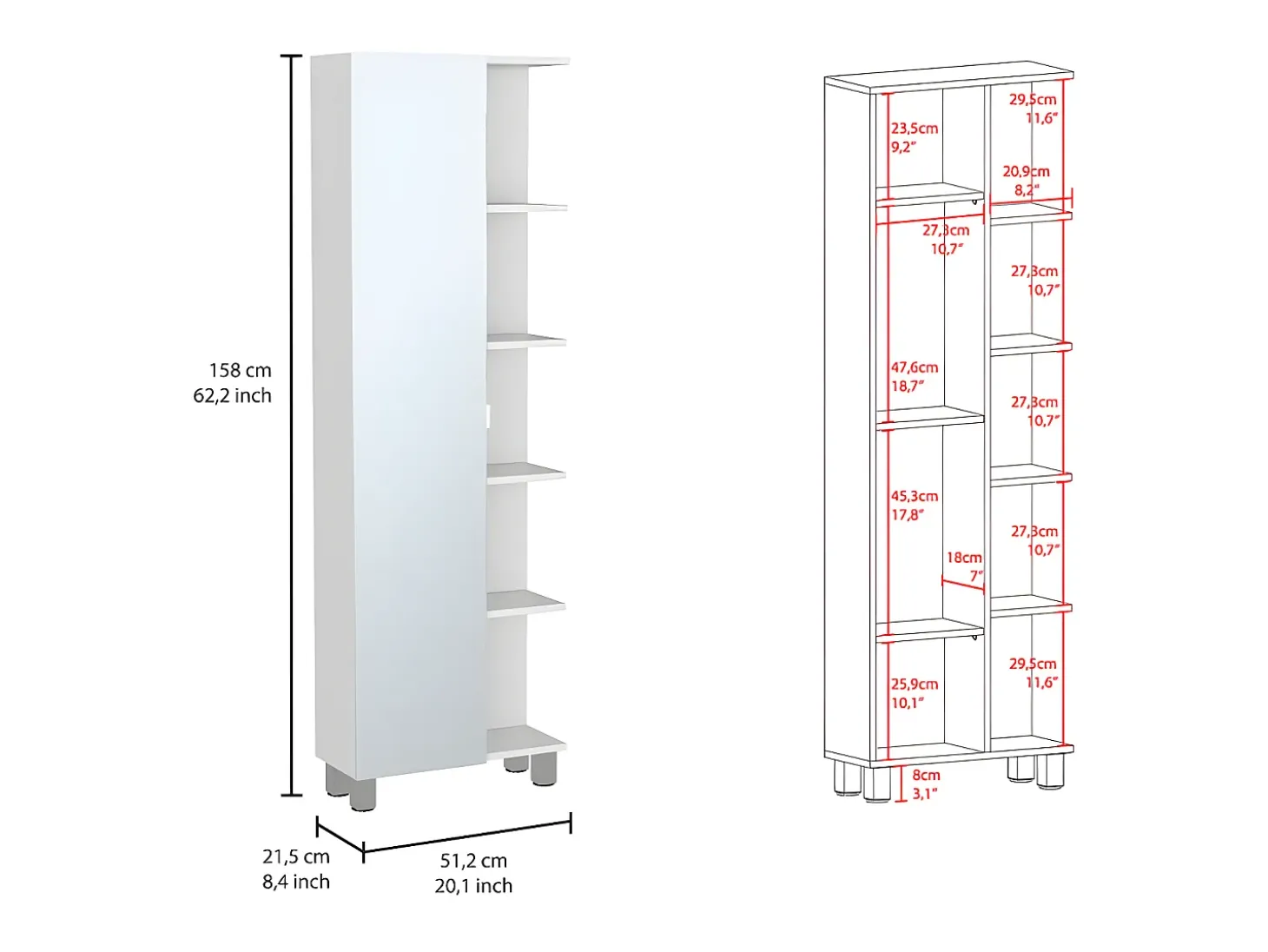 Coluna de casa de banho multifunções Urano em melamina, com espelho, 157.98 cm X 51.18 cm X 21.79 cm , Branco