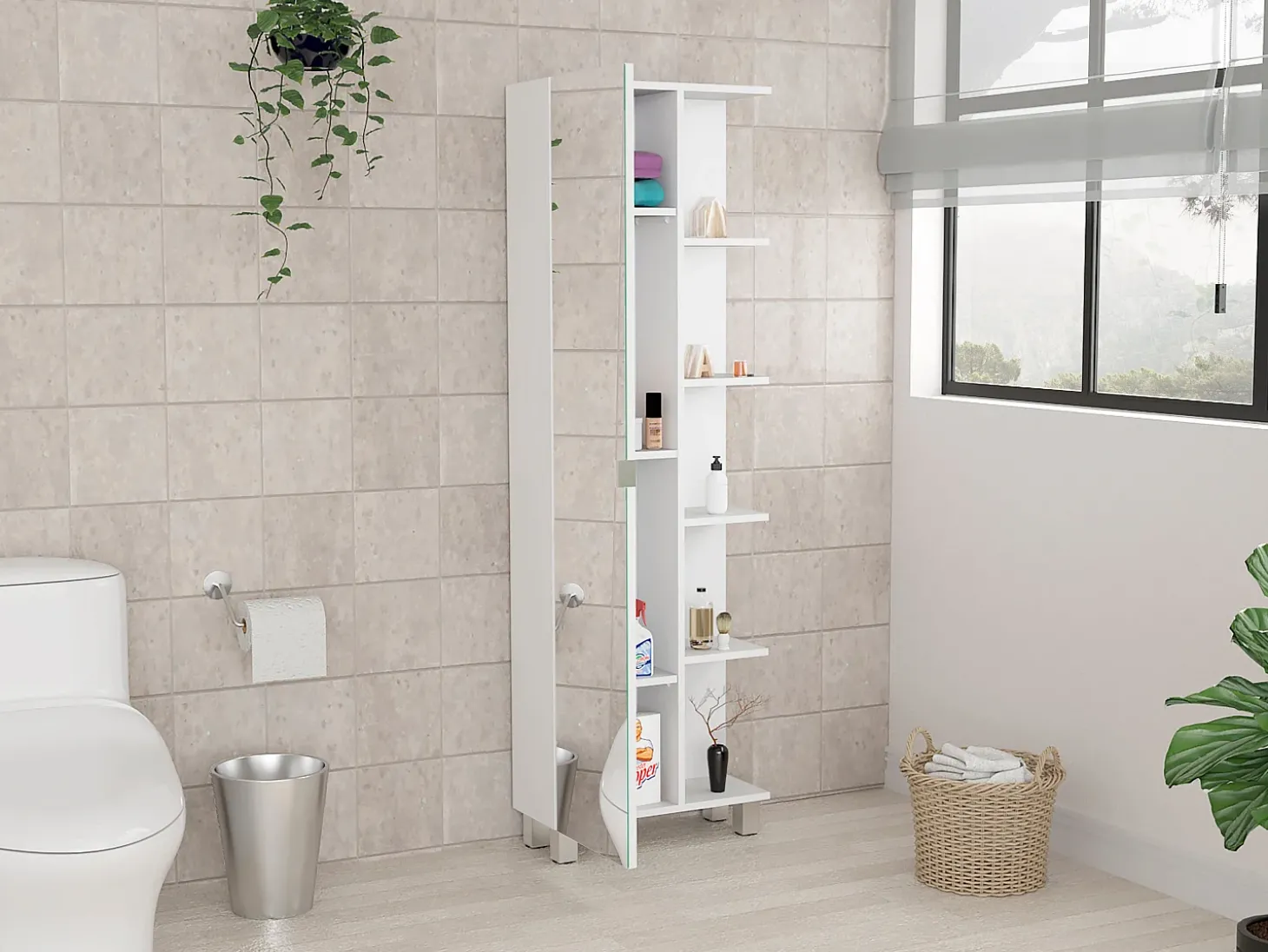 Coluna de casa de banho multifunções Urano em melamina, com espelho, 157.98 cm X 51.18 cm X 21.79 cm , Branco