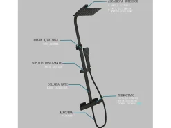 Coluna de chuveiro Aica preto fosco com termostato quadrado 38℃ trilho 800-1200mm chuveiro de chuva