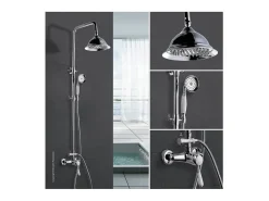 Coluna de chuveiro retro cromada com misturador mecânico, cabeça orientável Ø205 mm e chuveirinho 1 jato anticalcário