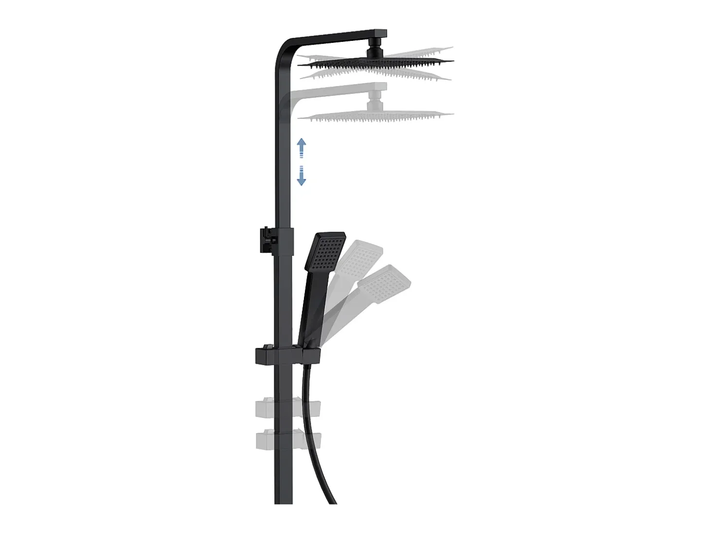 Coluna de chuveiro termostático Aica preto fosco quadrado 768-1200mm para banheiro