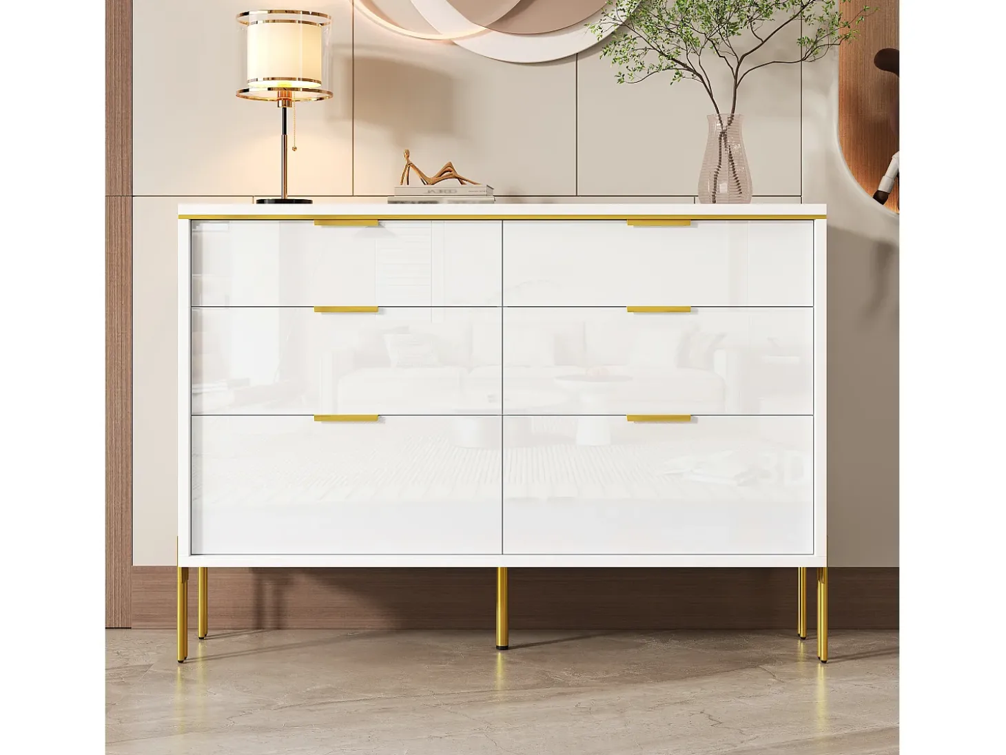 Commode blanc laquée avec 6 tiroirs - Surface finition brillant -Pieds dorés