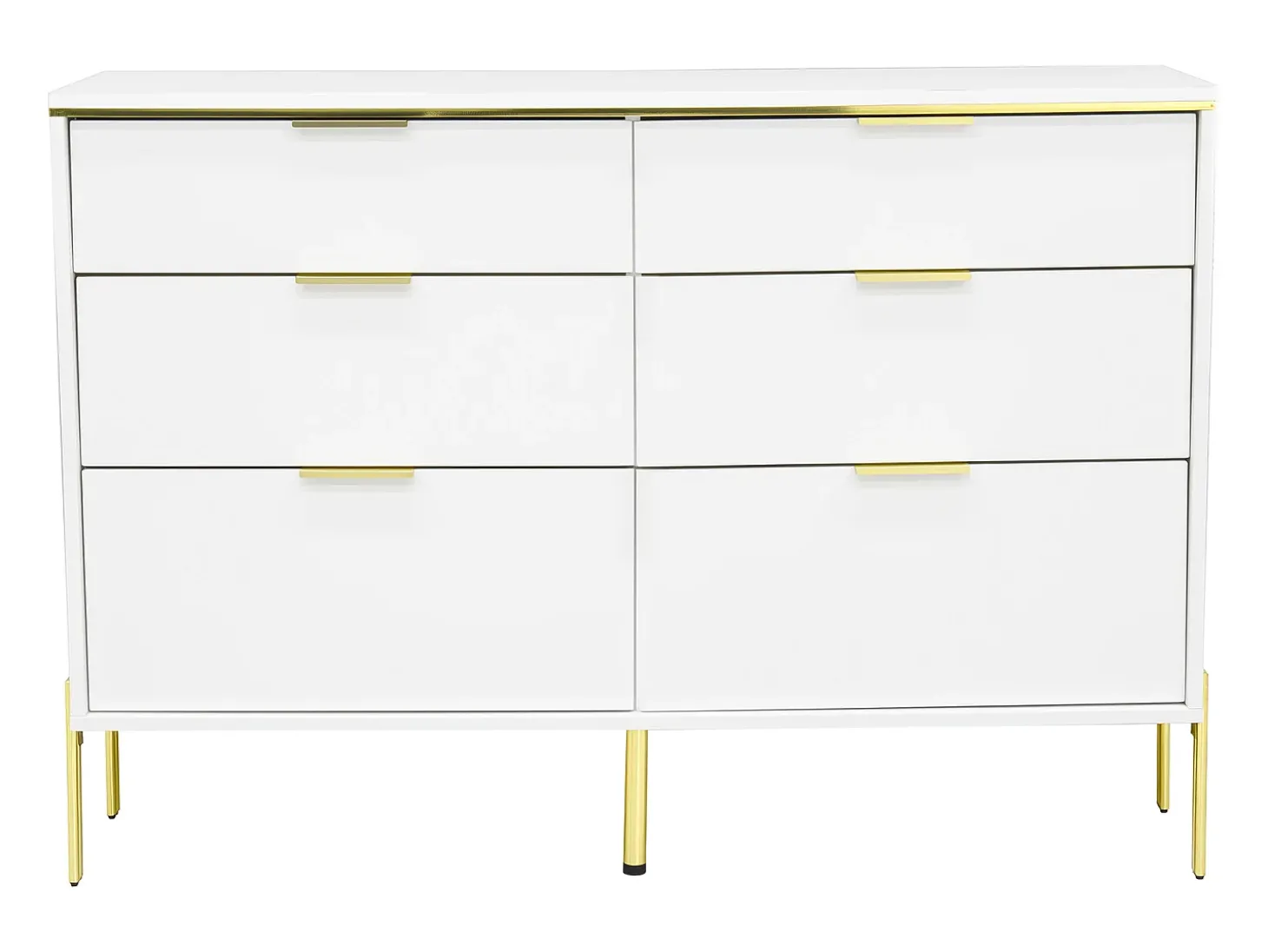 Commode blanc laquée avec 6 tiroirs - Surface finition brillant -Pieds dorés