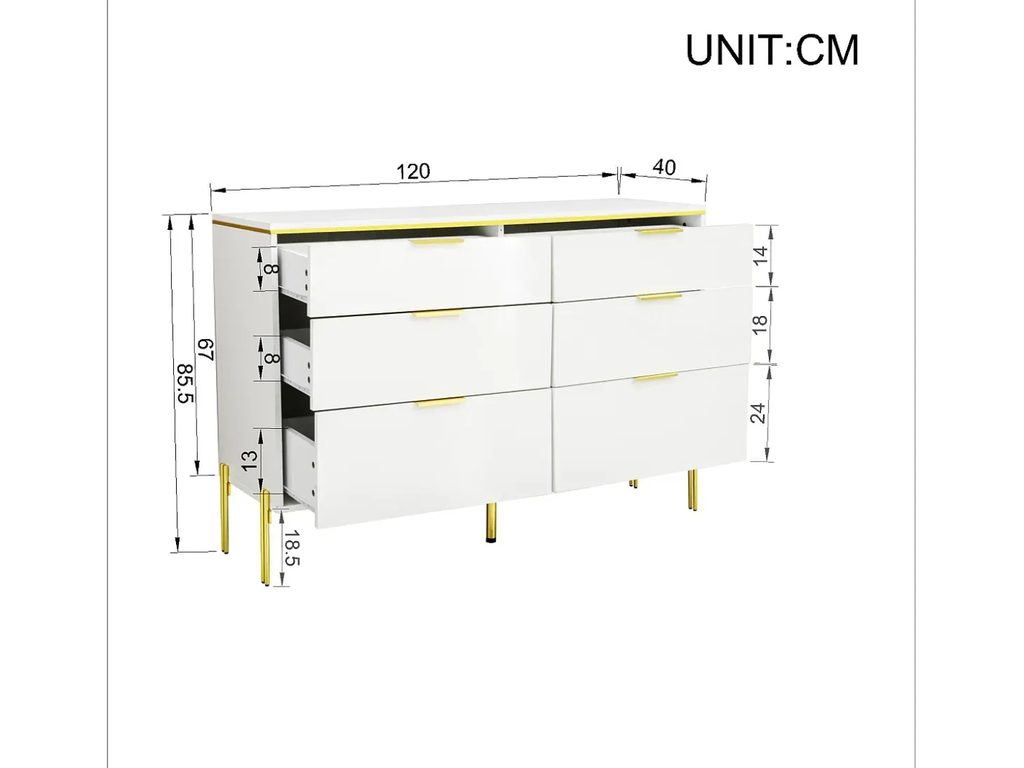 Commode blanc laquée avec 6 tiroirs - Surface finition brillant -Pieds dorés