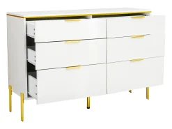 Commode blanc laquée avec 6 tiroirs - Surface finition brillant -Pieds dorés