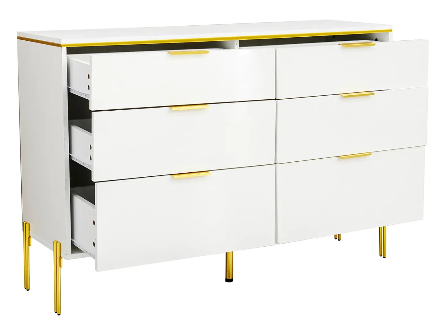 Commode blanc laquée avec 6 tiroirs - Surface finition brillant -Pieds dorés