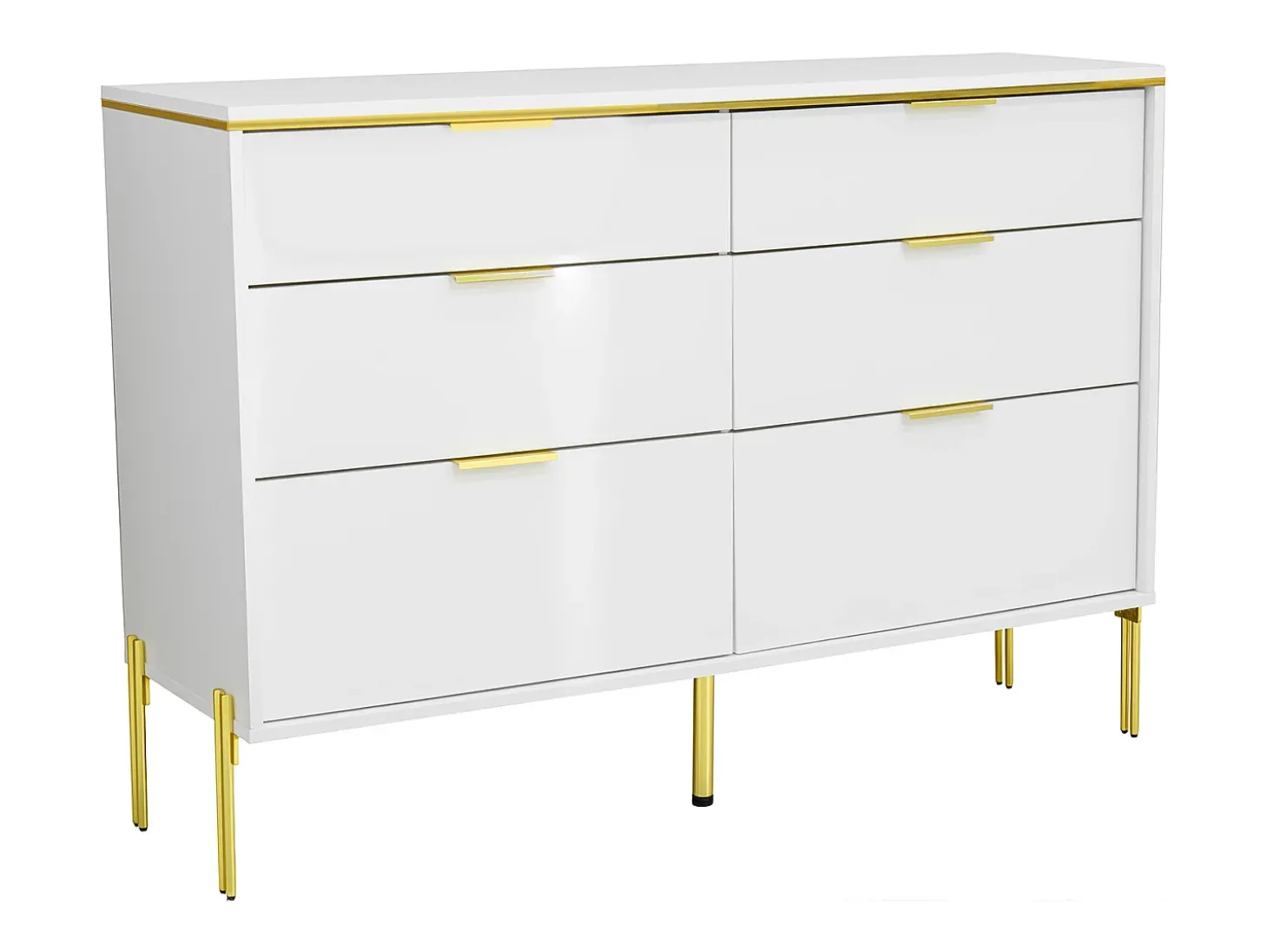 Commode blanc laquée avec 6 tiroirs - Surface finition brillant -Pieds dorés