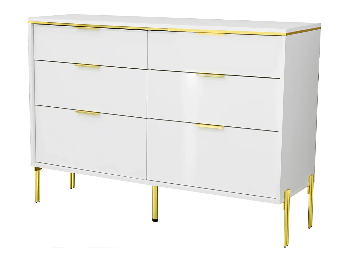 Commode blanc laquée avec 6 tiroirs - Surface finition brillant -Pieds dorés