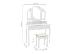 Conj. toucador c/ banco 100x40x146cm madeira paulownia branco