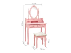 Conj. toucador com banco 75x69x140 cm madeira paulownia rosa