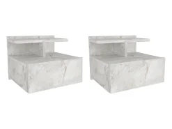 Conjunto 2 mesas cabeceira suspensas 1 gaveta e 1 prateleiras efeito mármore branco AZELNO