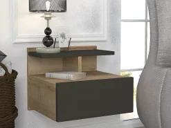 Conjunto 2 mesas cabeceira suspensas com 1 gaveta e 1 prateleiras natural antracite AZELNO