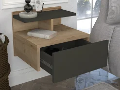 Conjunto 2 mesas cabeceira suspensas com 1 gaveta e 1 prateleiras natural antracite AZELNO