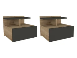 Conjunto 2 mesas cabeceira suspensas com 1 gaveta e 1 prateleiras natural antracite AZELNO