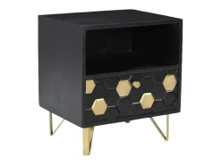 Conjunto 2 mesas cabeceira gaveta e nicho madeira mangueira metal preto e dourado BELORI