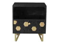 Conjunto 2 mesas cabeceira gaveta e nicho madeira mangueira metal preto e dourado BELORI