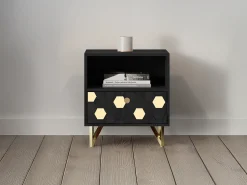Conjunto 2 mesas cabeceira gaveta e nicho madeira mangueira metal preto e dourado BELORI