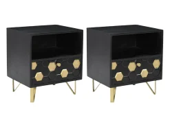 Conjunto 2 mesas cabeceira gaveta e nicho madeira mangueira metal preto e dourado BELORI