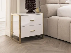 Conjunto 2 mesas cabeceira 2 gavetas MDF lacado branco e dourado OMBRELIA Pascal Morabito