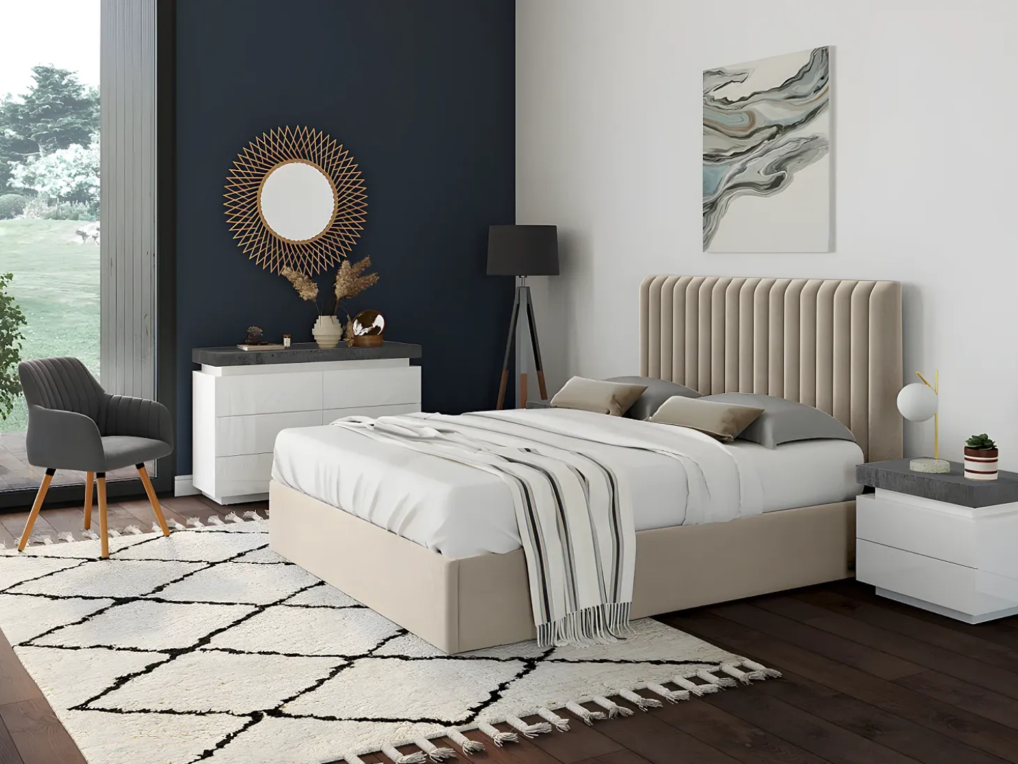 Conjunto 2 mesas de cabeceira 2 gavetas LEDs MDF lacado a branco e cinza cimento - HALO II