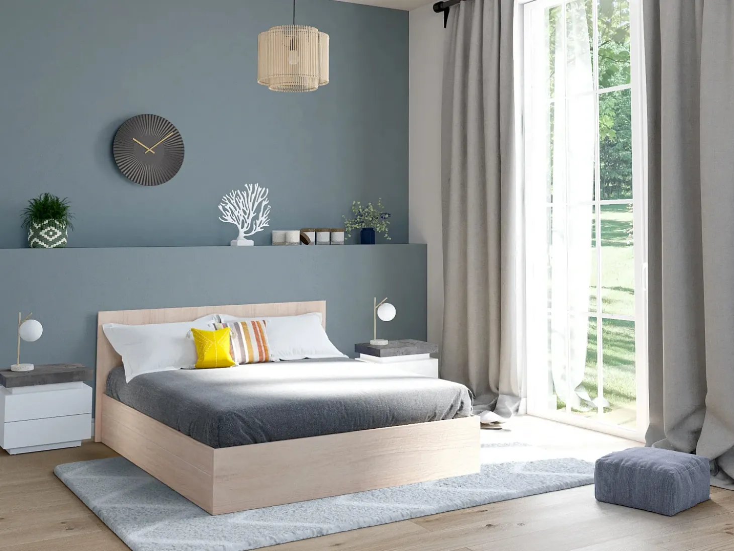 Conjunto 2 mesas de cabeceira 2 gavetas LEDs MDF lacado a branco e cinza cimento - HALO II