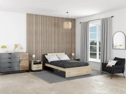 Conjunto 2 mesas de cabeceira gavetas e prateleira cor natural e antracite LEANDRE