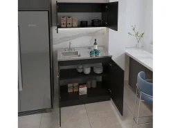 Conjunto Armário de cozinha Zurique em melamina,com tampo em aço inoxidável e exaustor,32 / 52 cm X 100 cm X 49 / 93.6 cm ,Preto
