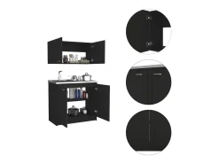 Conjunto Armário de cozinha Zurique em melamina,com tampo em aço inoxidável e exaustor,32 / 52 cm X 100 cm X 49 / 93.6 cm ,Preto