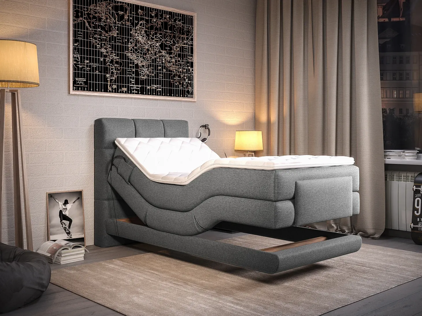 Conjunto boxspring articulado tecido cinzento-claro 100x200 cm LODI