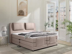 Conjunto boxspring cabeceira de cama + sommier de relaxamento elétrico + colchão + sobrecolchão CASTEL de PALACIO - 2 x 90 x 200 cm - Tecido bege