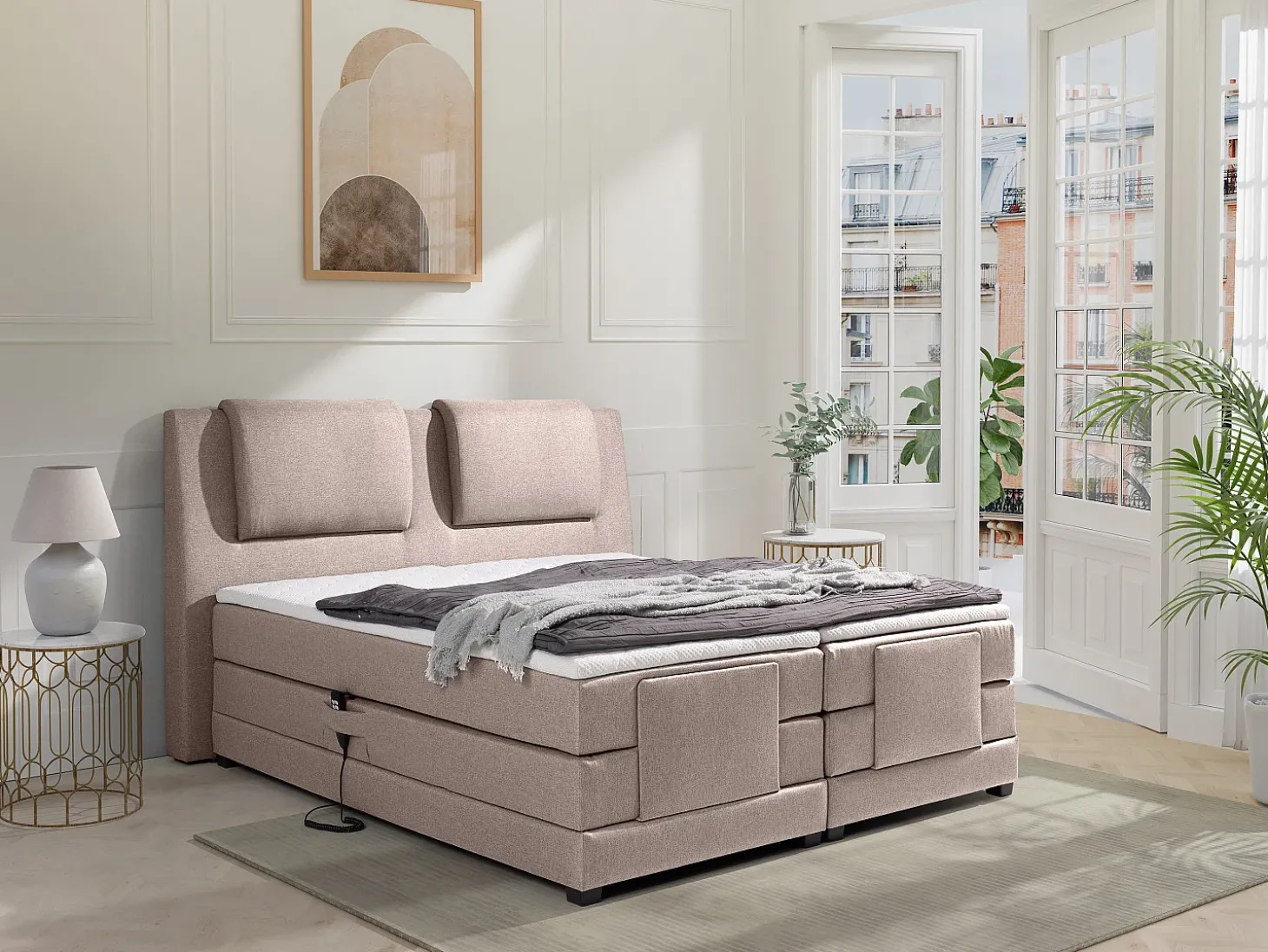 Conjunto boxspring cabeceira de cama + sommier de relaxamento elétrico + colchão + sobrecolchão CASTEL de PALACIO - 2 x 90 x 200 cm - Tecido bege