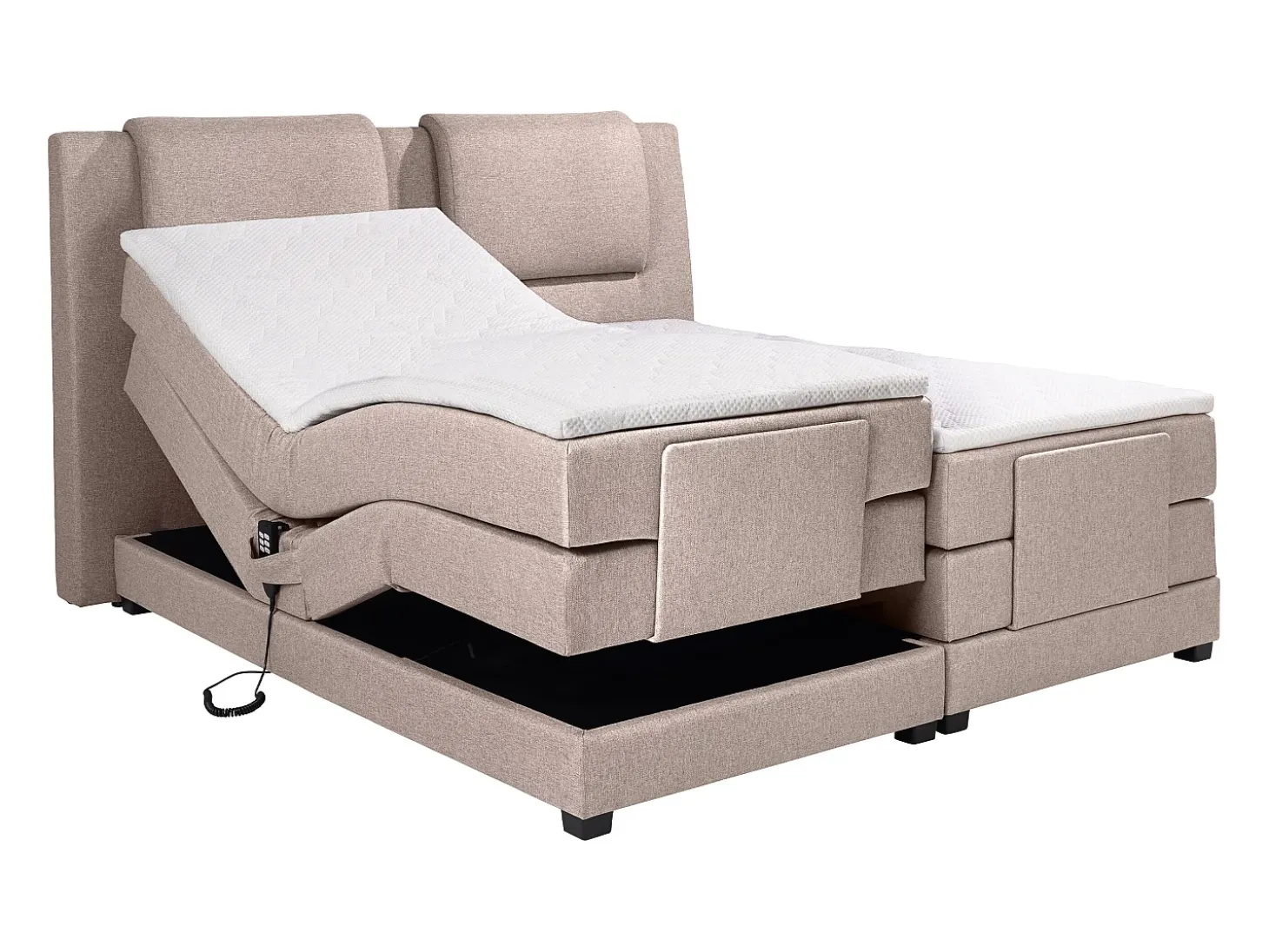 Conjunto boxspring cabeceira de cama + sommier de relaxamento elétrico + colchão + sobrecolchão CASTEL de PALACIO - 2 x 90 x 200 cm - Tecido bege